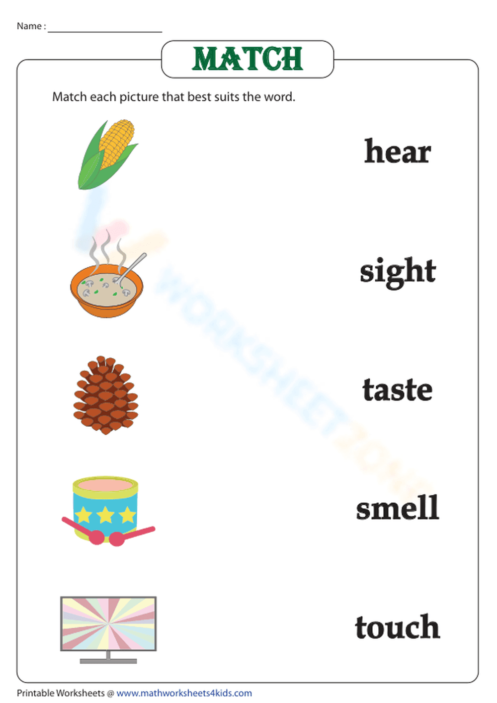 Five senses: Match pictures-to-words - Page 1