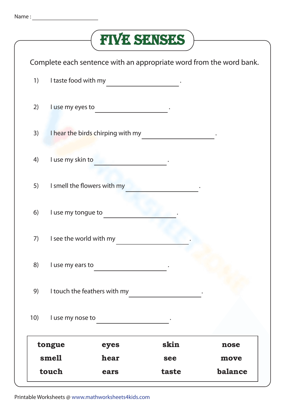 Five senses: Complete the sentences - Page 1