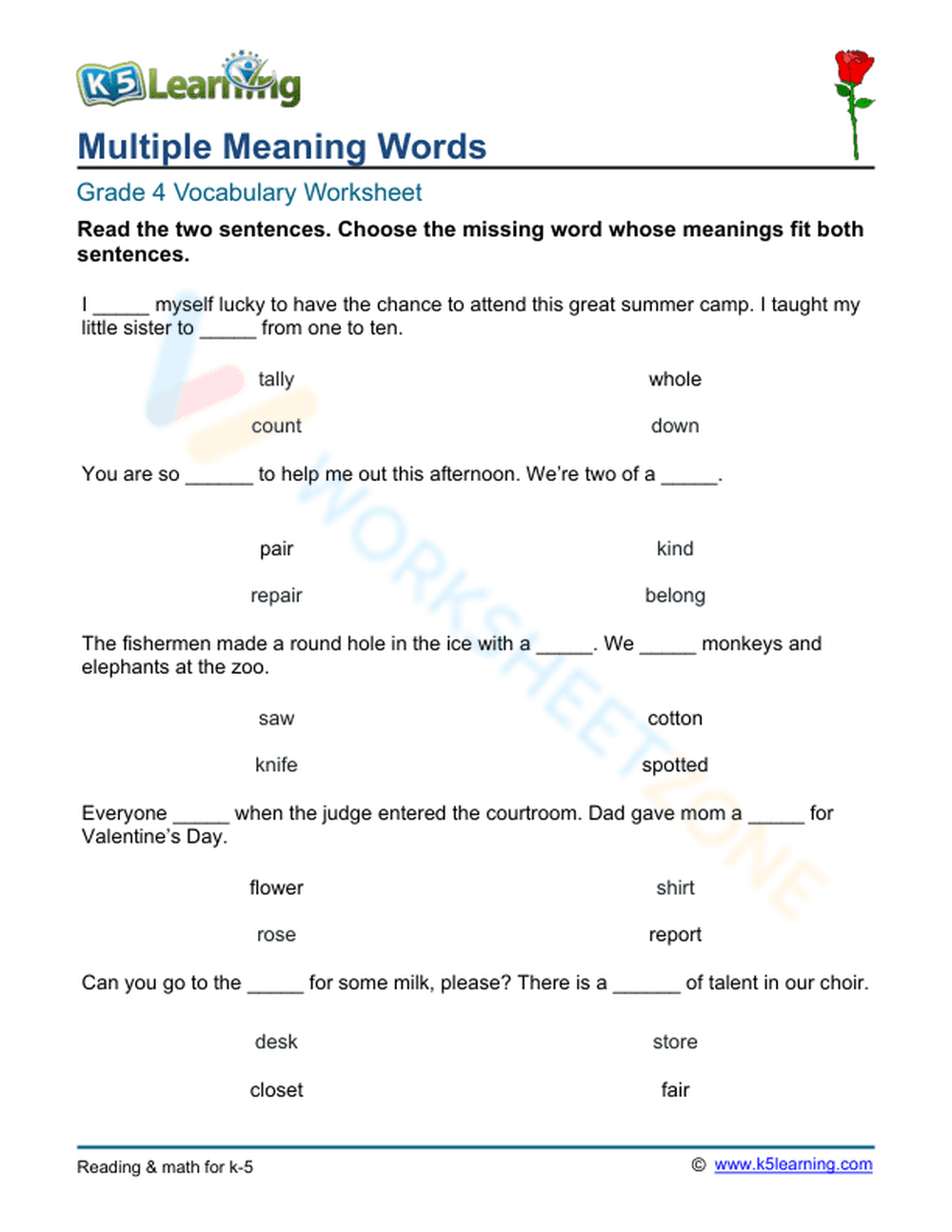 Multiple meaning words - Select 5 - Page 1
