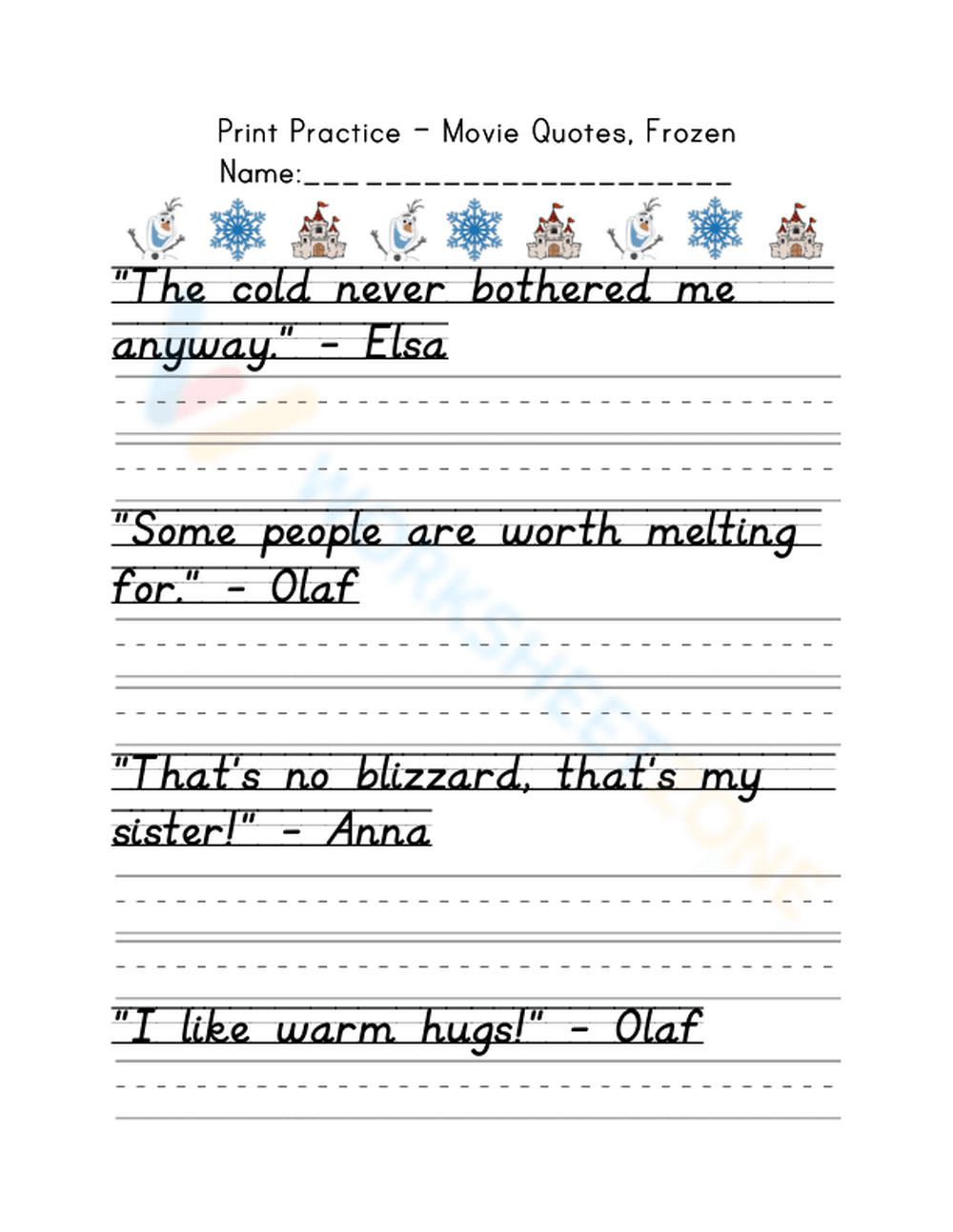 Print Practice: Frozen Movie Quotes Handwriting - Page 1