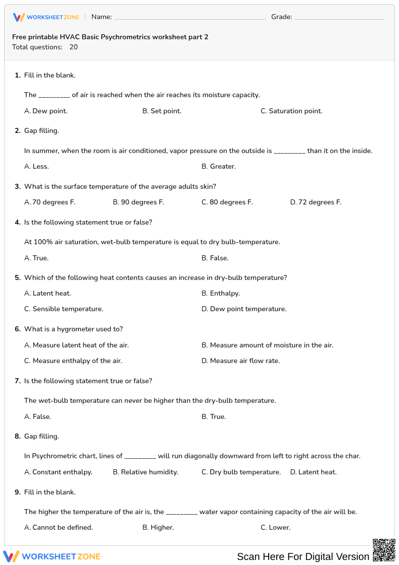 Free printable HVAC Basic Psychrometrics worksheet part 2 - Page 1