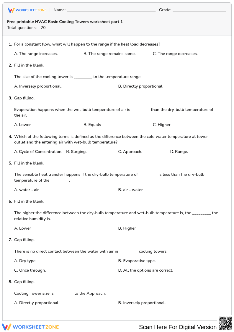 Free printable HVAC Basic Cooling Towers worksheet part 1 - Page 1