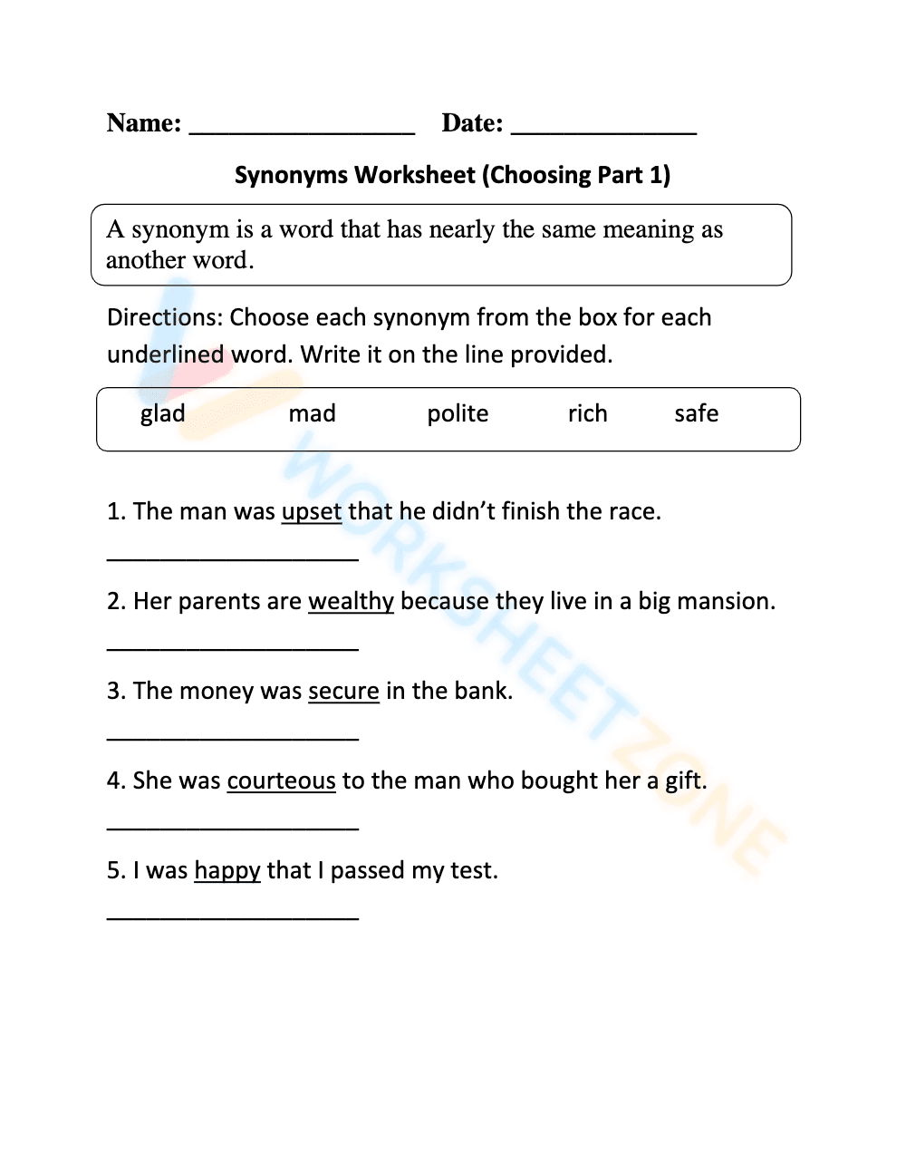 synonyms worksheet 5 - Page 1