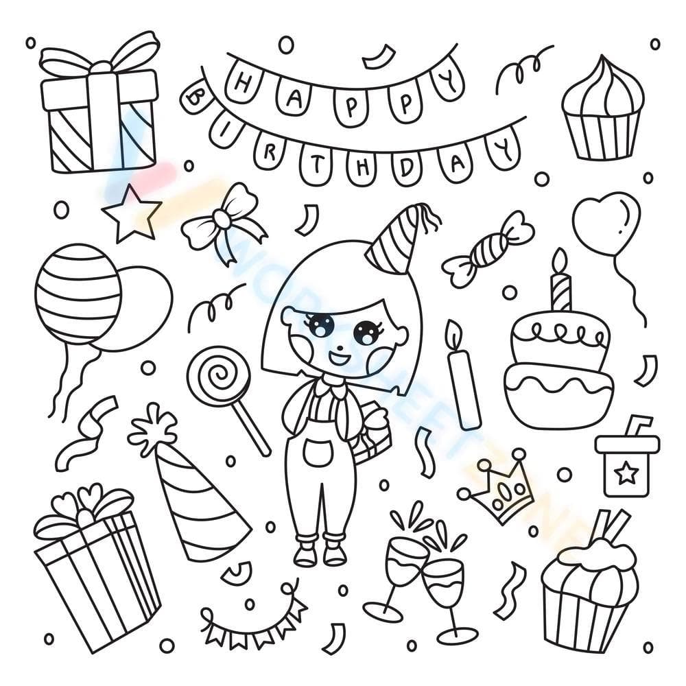 Happy Birthday Coloring Page for Girls - Page 1