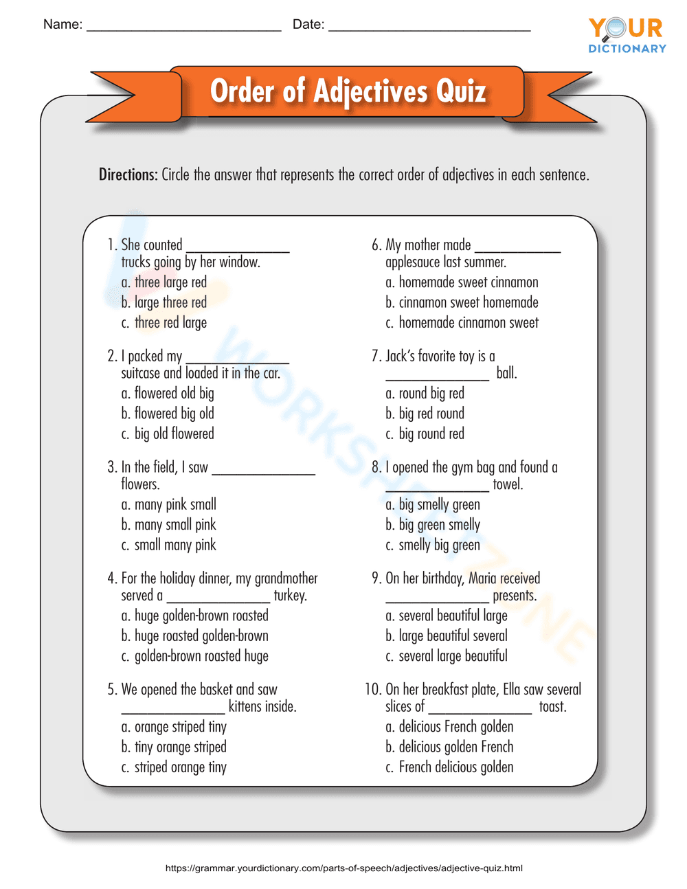 Adjective Order Quiz Worksheet - Page 1