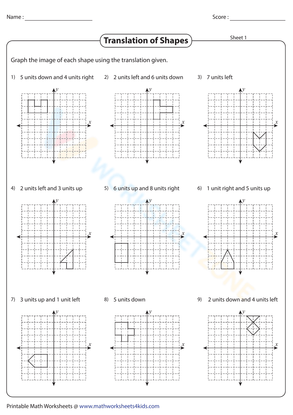 Translation of Shapes Worksheet - Page 1