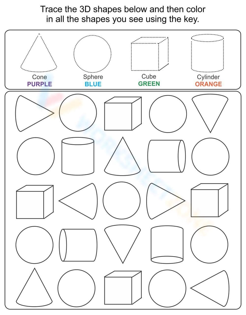 Trace the 3D Shapes Worksheet - Page 1