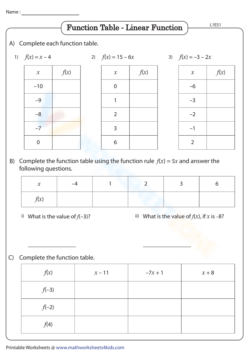 Linear Function Table: Worksheet Practice - Page 1