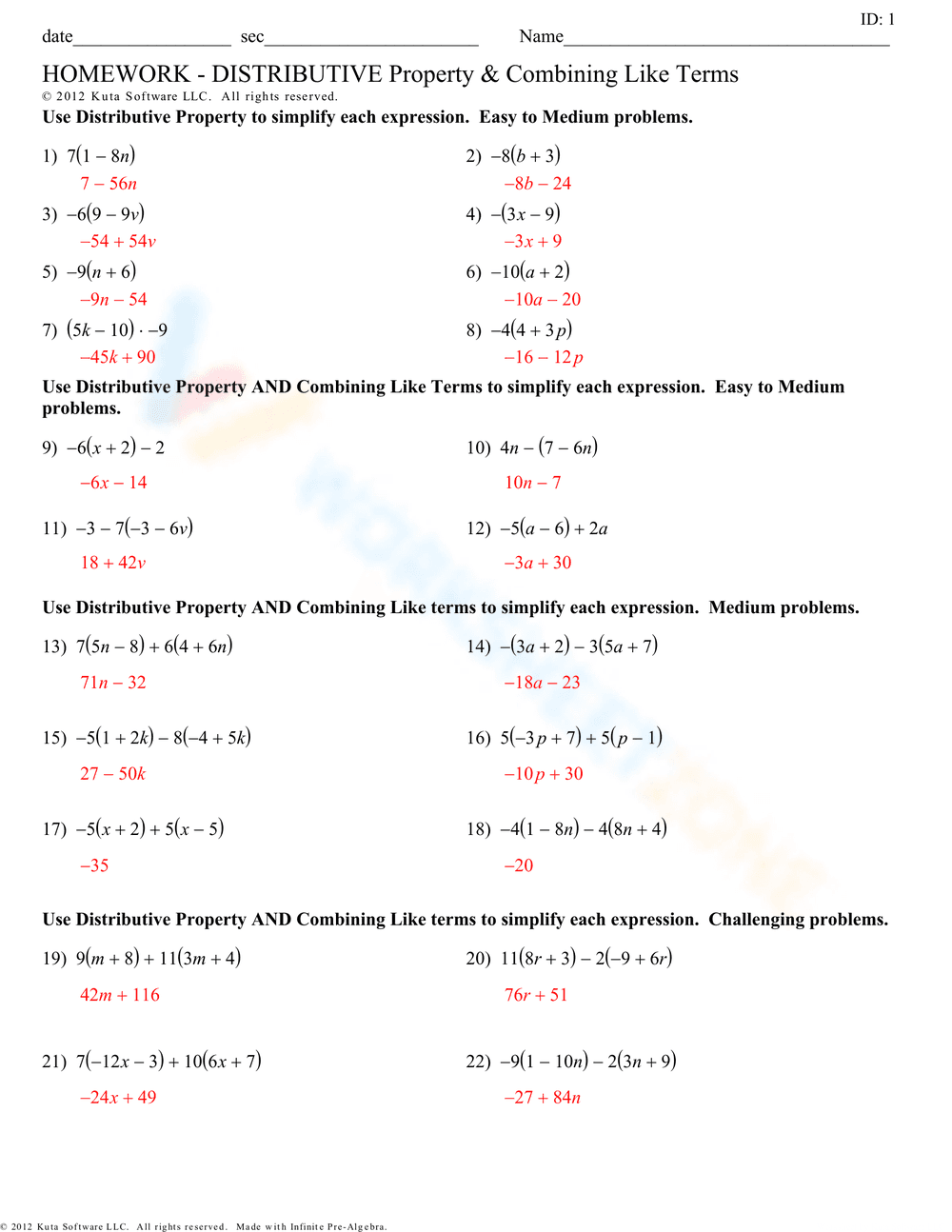 Distributive Property and Combining Terms - Page 2