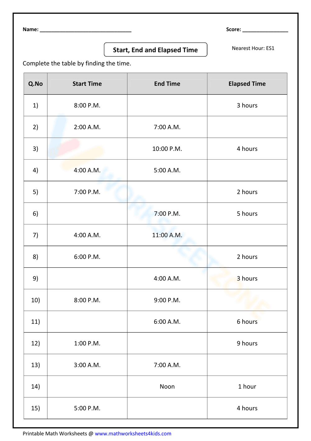 Start, End & Elapsed Time: Practice Problems - Page 1