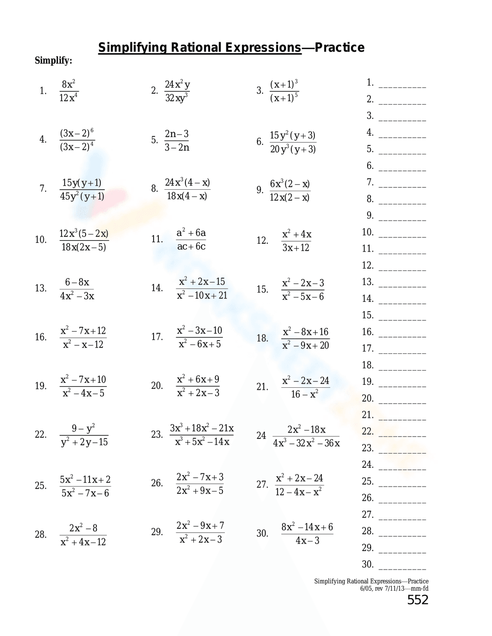 Simplifying Rational Expressions Worksheet - Page 1