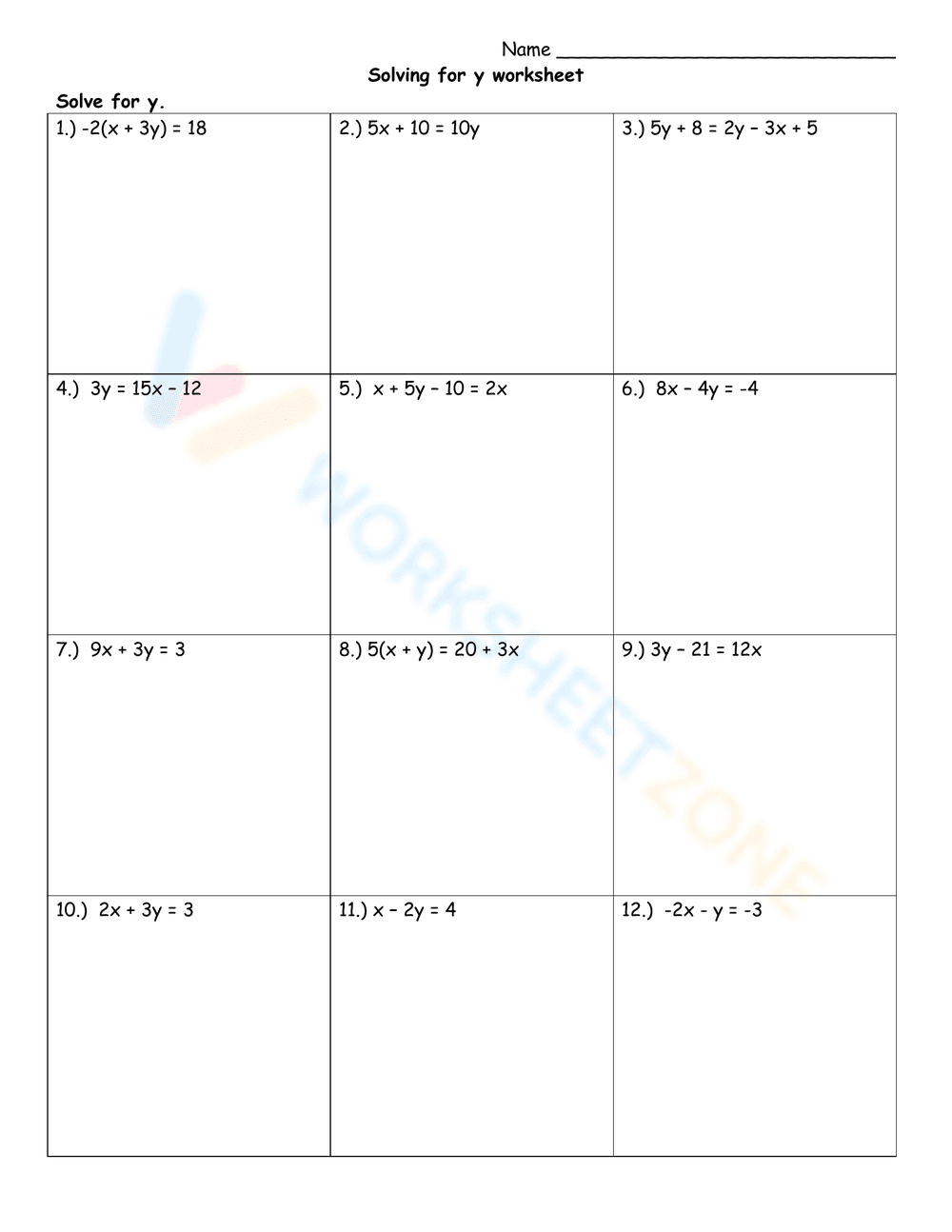 Solving for Y Worksheet - Page 1