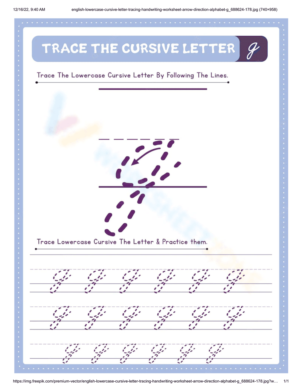 Tracing the Cursive Letter G - Page 1