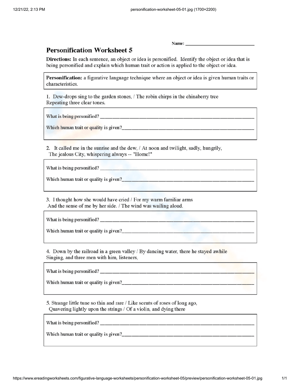 Creative Personification Practice Worksheet - Page 1