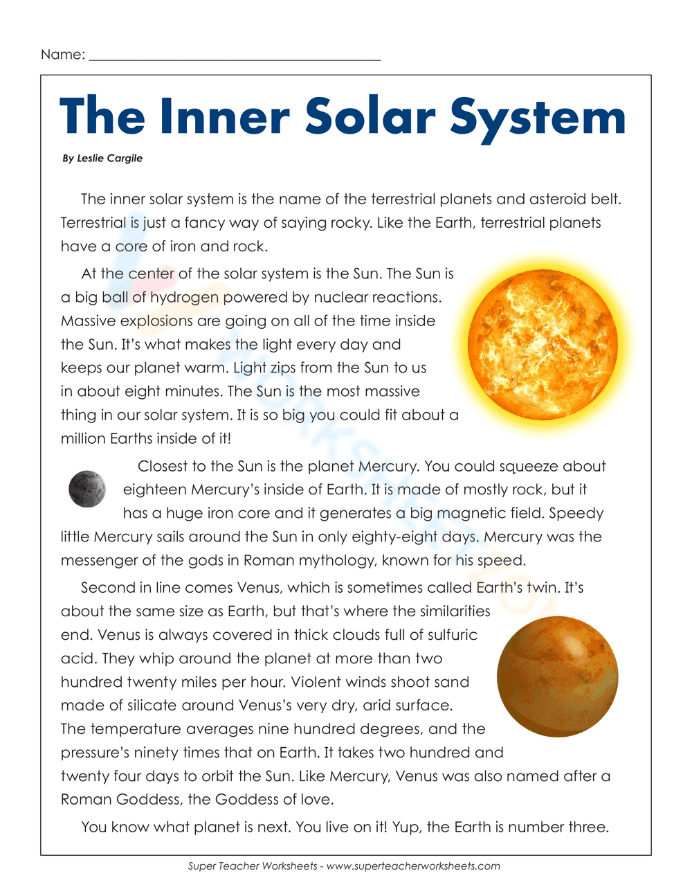 The Inner Solar System Worksheet - Page 1