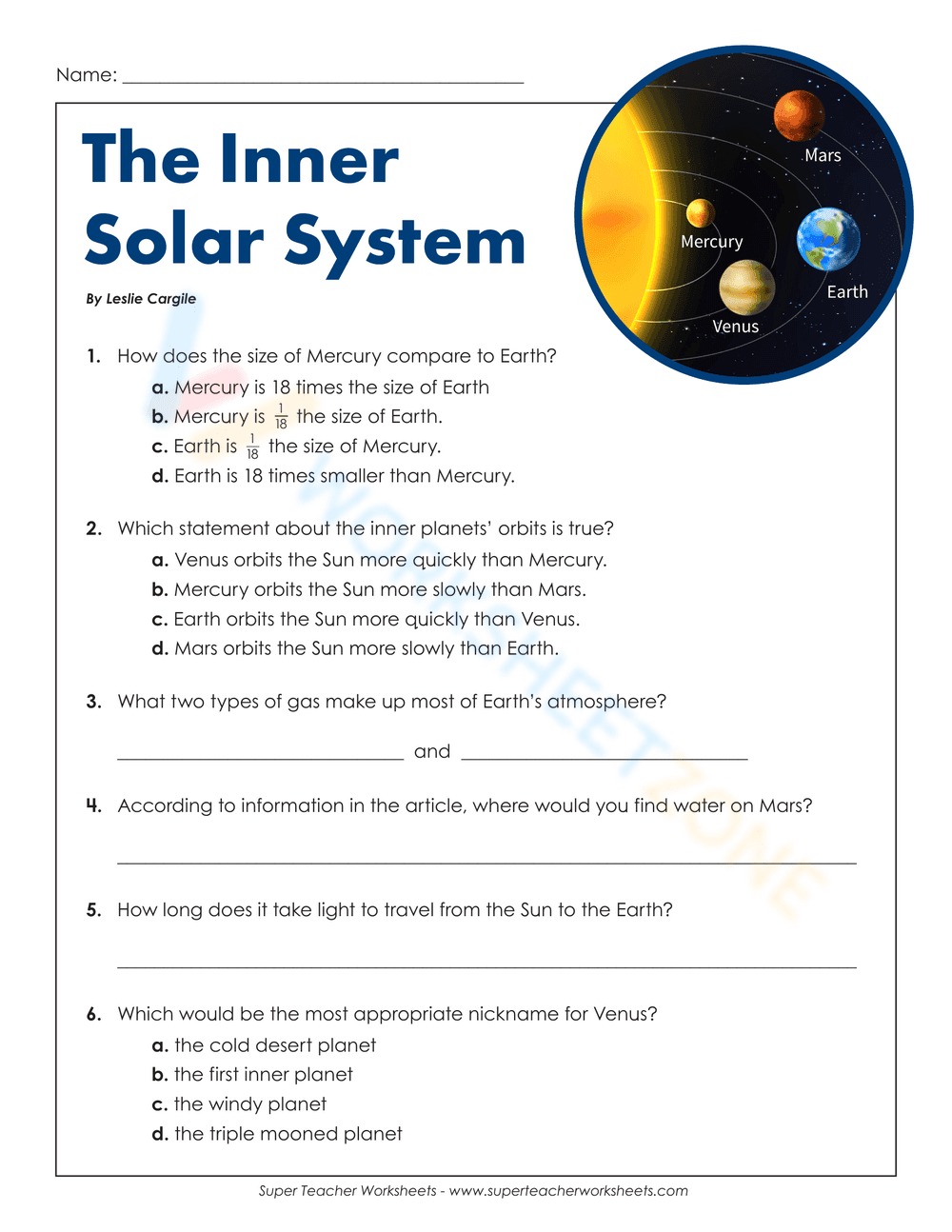 The Inner Solar System Worksheet - Page 3