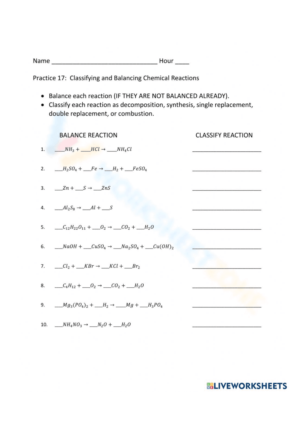 Classifying and Balancing Chemical Reactions Worksheet - Page 1