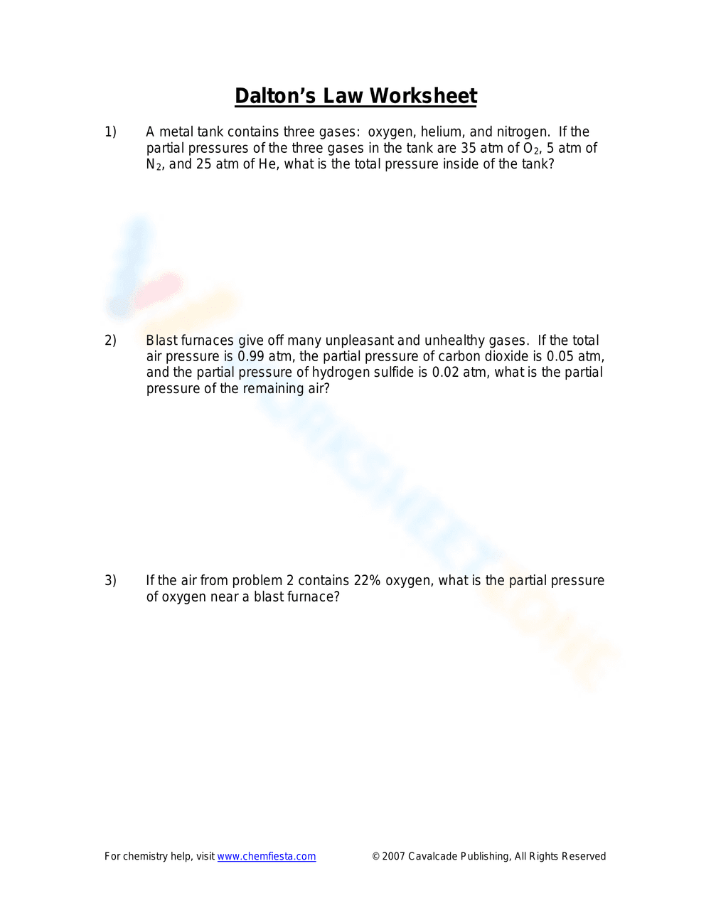 Worksheet on Dalton's Law of Partial Pressure - Page 1