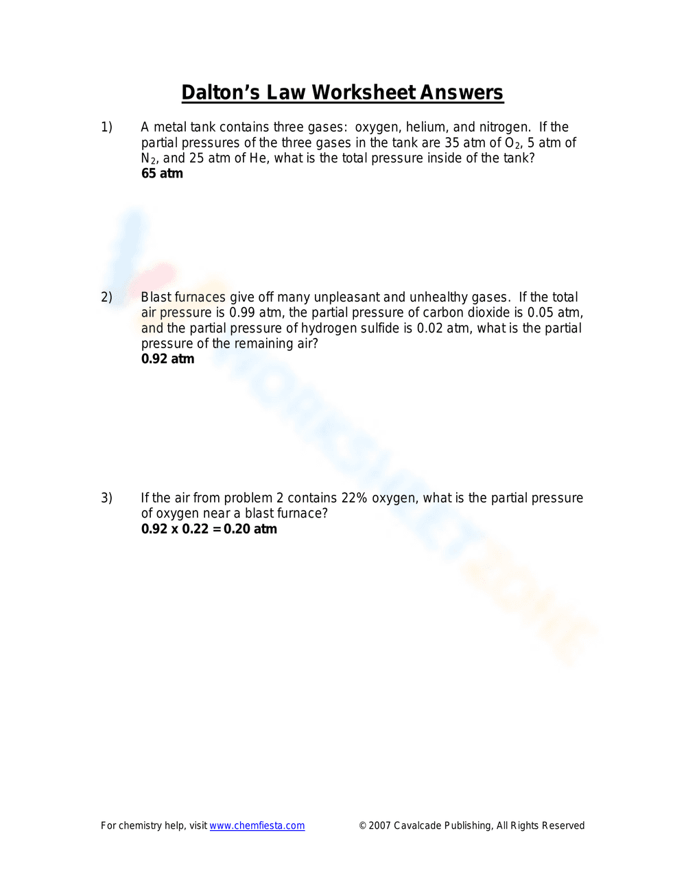 Worksheet on Dalton's Law of Partial Pressure - Page 2