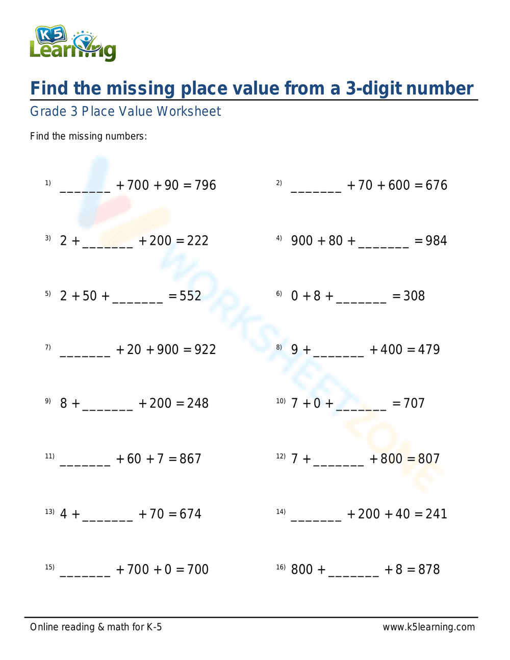 Missing Place Value: 3-Digit Numbers Practice - Page 1