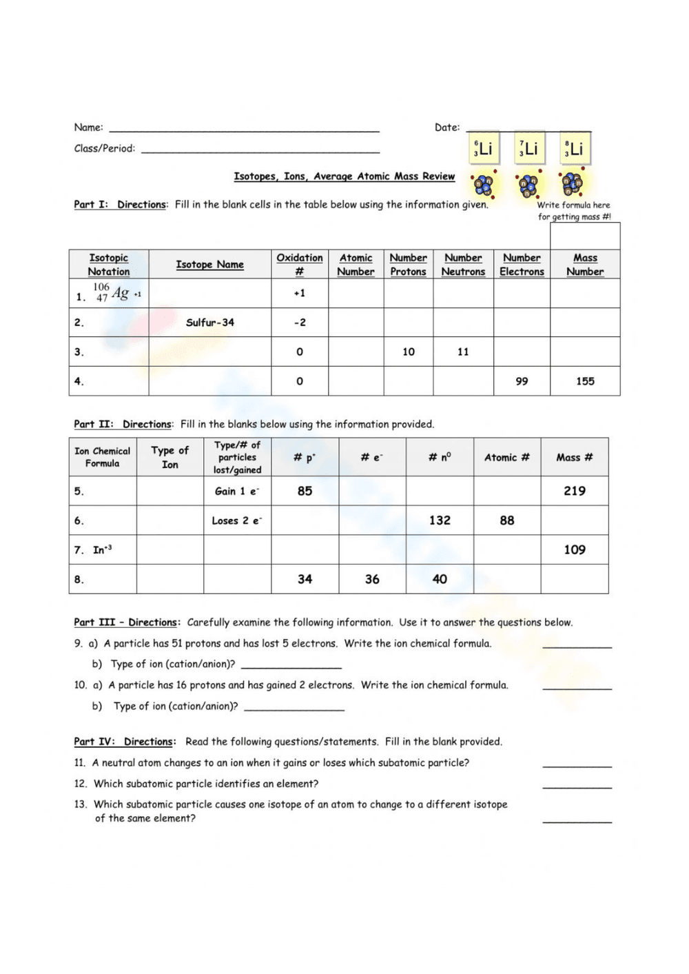 Comprehensive Worksheet on Atoms, Isotopes, and Ions - Page 1