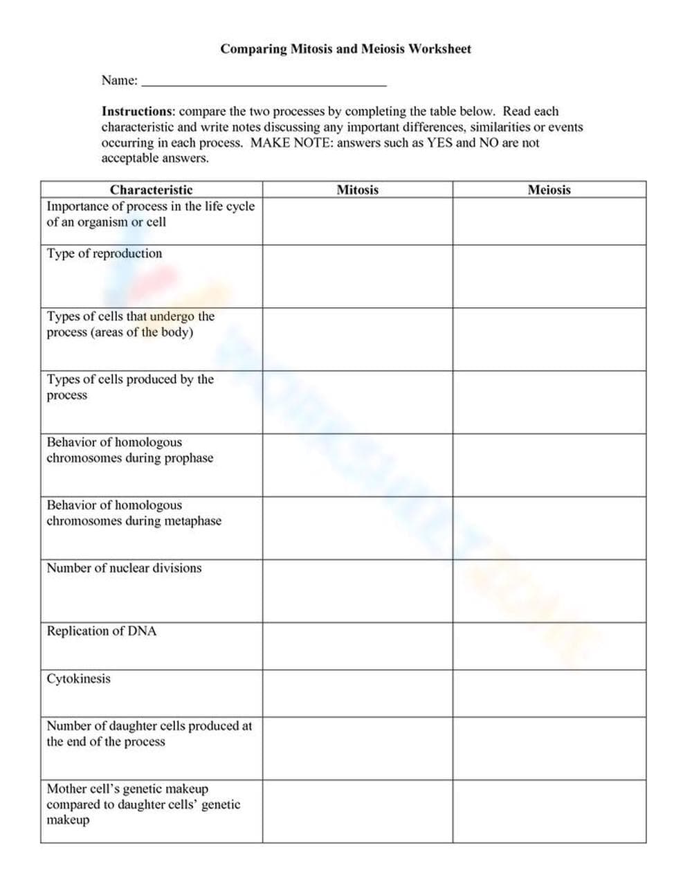 Comparing Mitosis and Meiosis Worksheet - Page 1