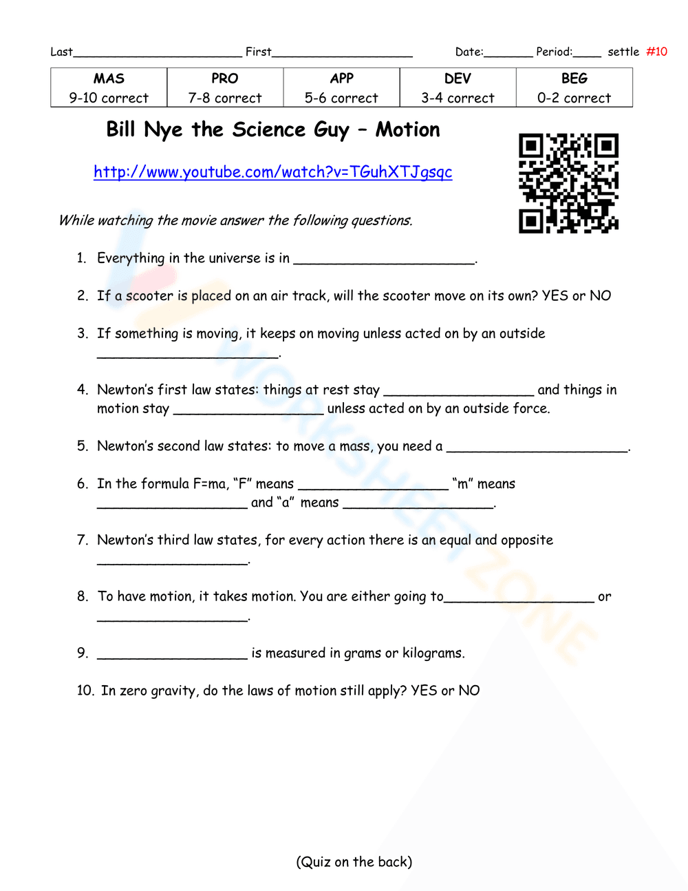 Motion Worksheet with Bill Nye Video - Page 1