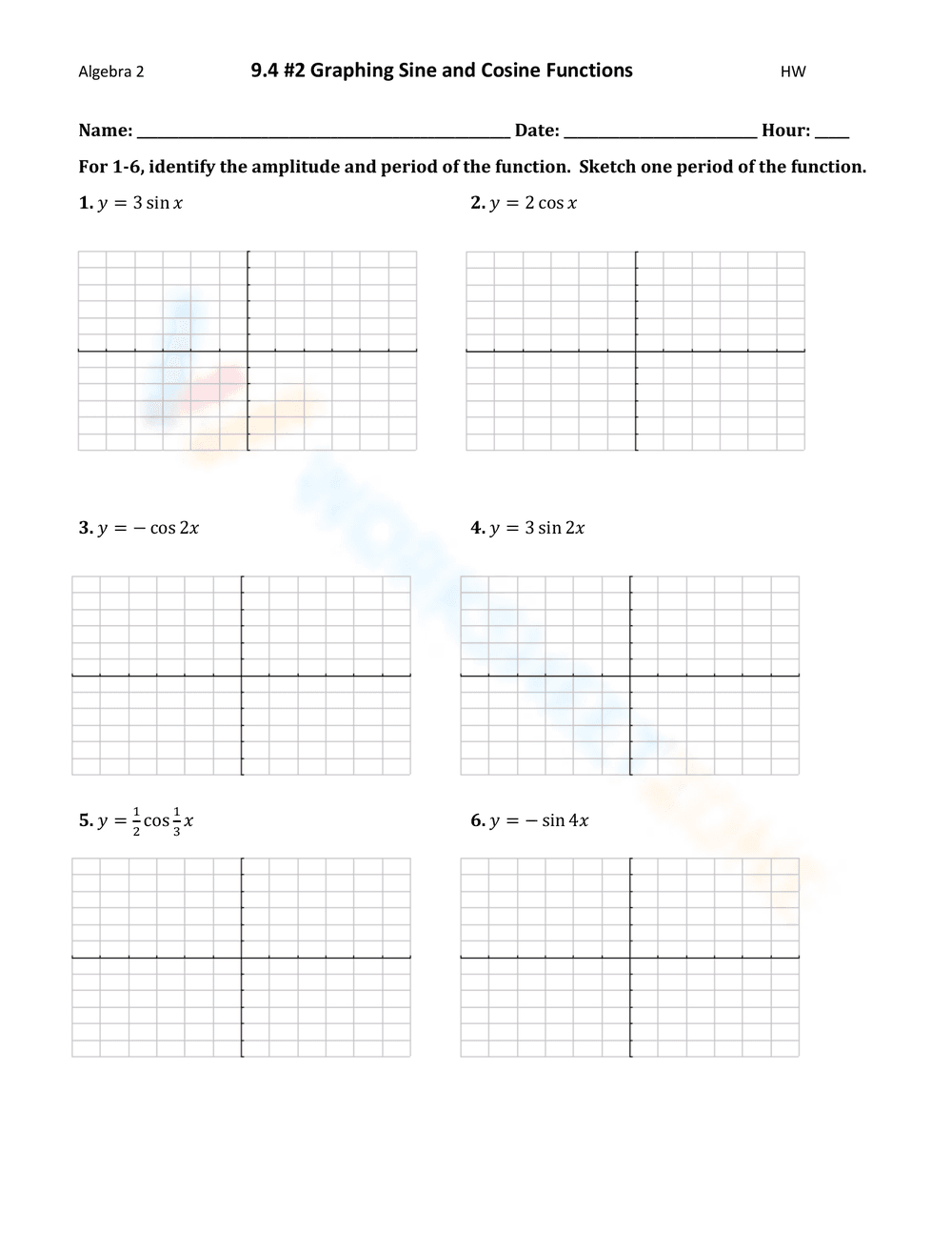 Graphing Sine and Cosine Functions Worksheet - Page 1