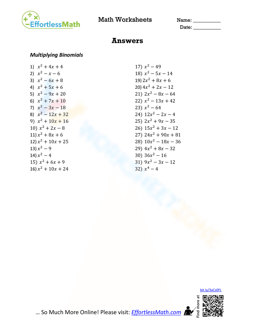 Worksheet on Multiplying Binomials Algebra - Page 2