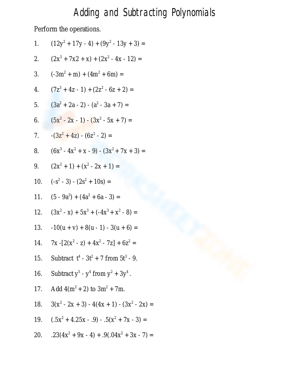 Adding and Subtracting Polynomials Practice Worksheet - Page 1