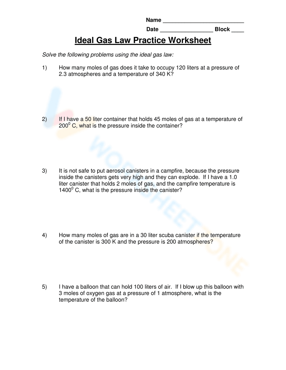 Ideal Gas Law Practice Worksheet - Page 1