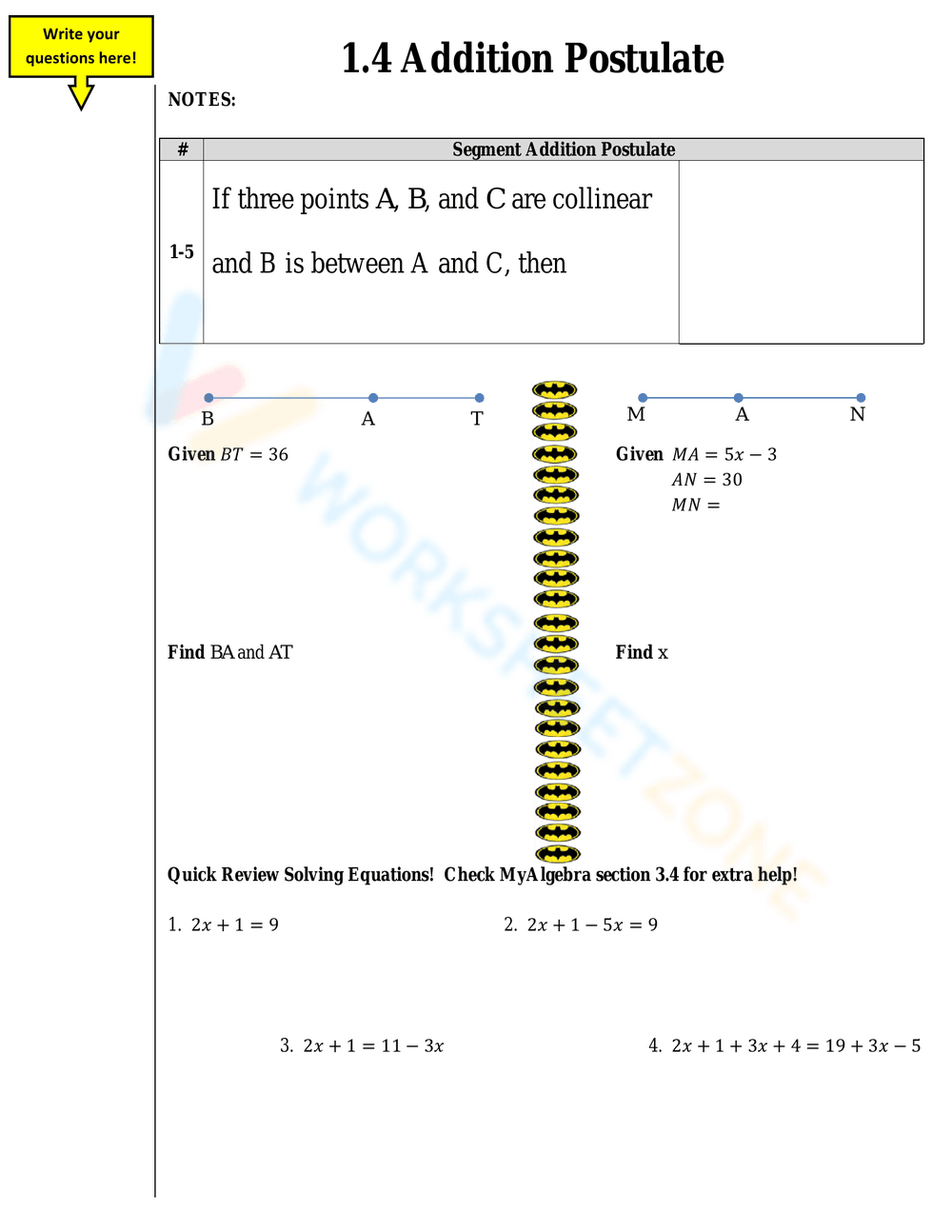 Practice with the Addition Postulate: Geometry Worksheet - Page 1