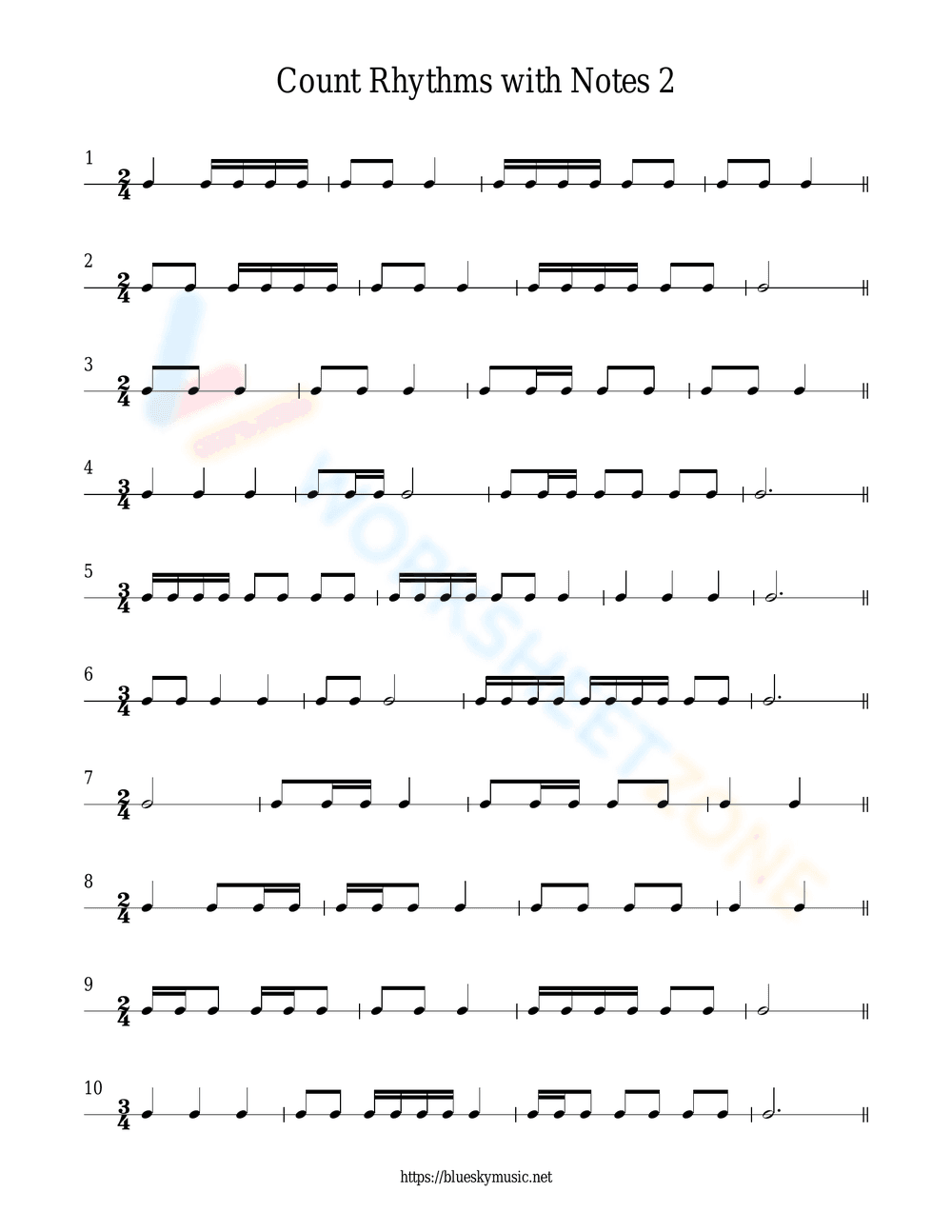 Counting Rhythms with Notes - Music Worksheet - Page 1
