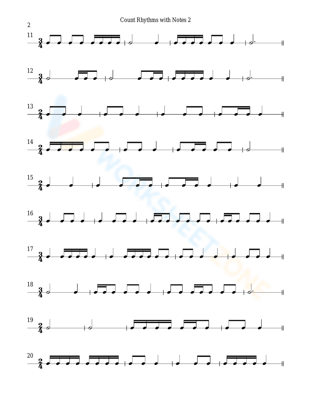 Counting Rhythms with Notes - Music Worksheet - Page 2