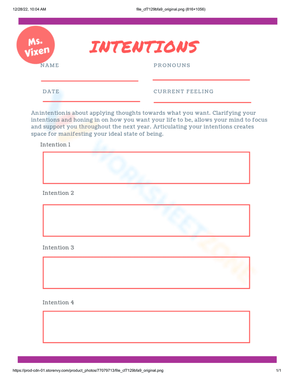 Intentions Worksheet For Beginners - Page 1