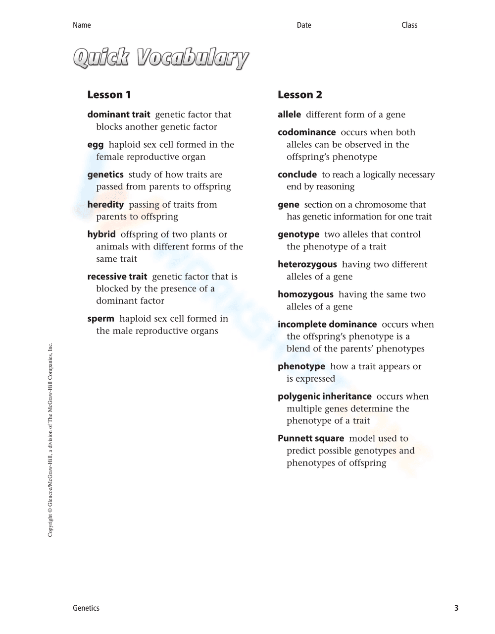 Introduction to Genetics Vocabulary Worksheet - Page 1