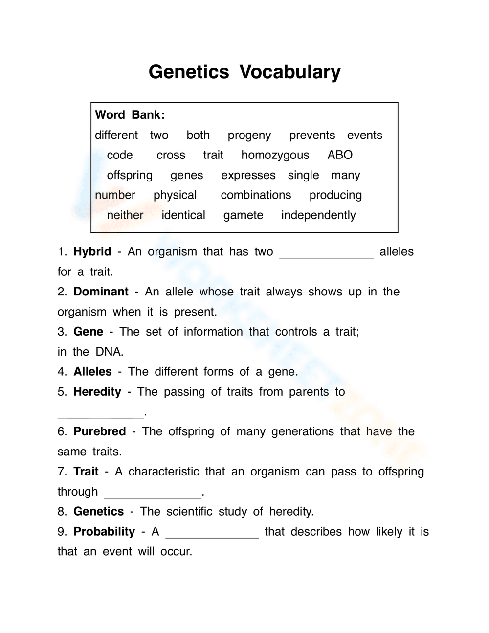 Genetics Vocabulary Practice Worksheet - Page 2