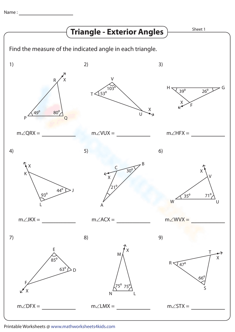 Triangle - Exterior Angles - Page 1