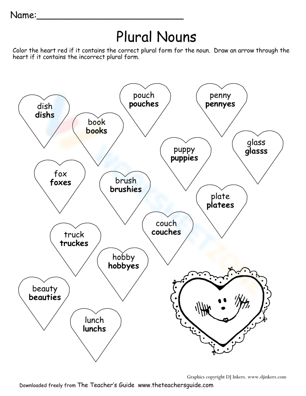 Valentine's Day Plural Nouns Worksheet - Page 1