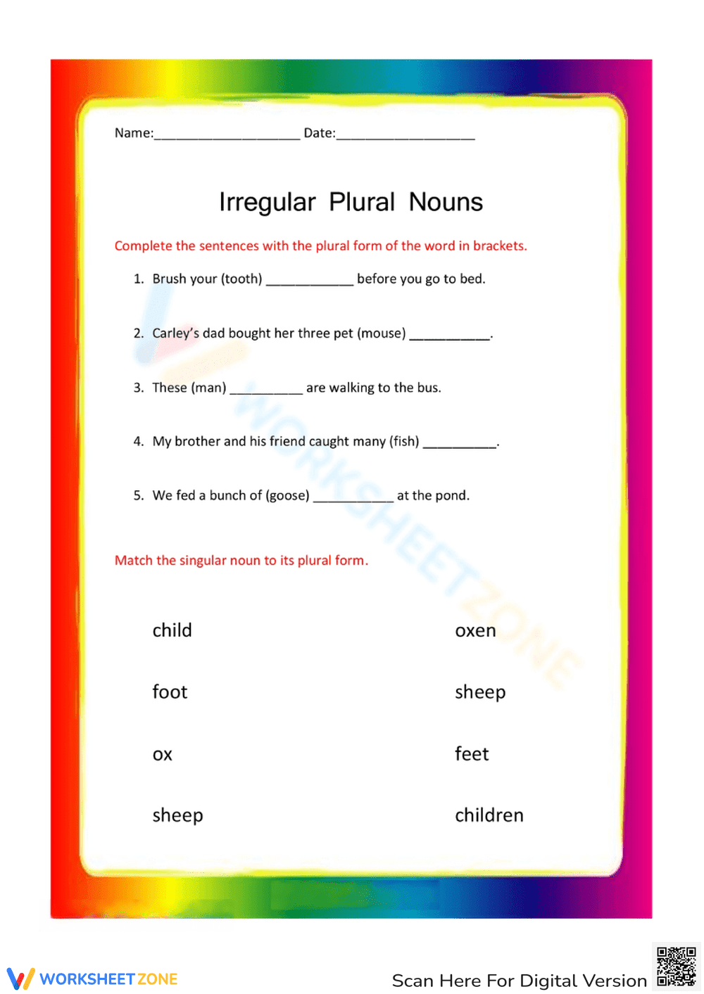 Singular to Plural Noun Matching Worksheet - Page 1