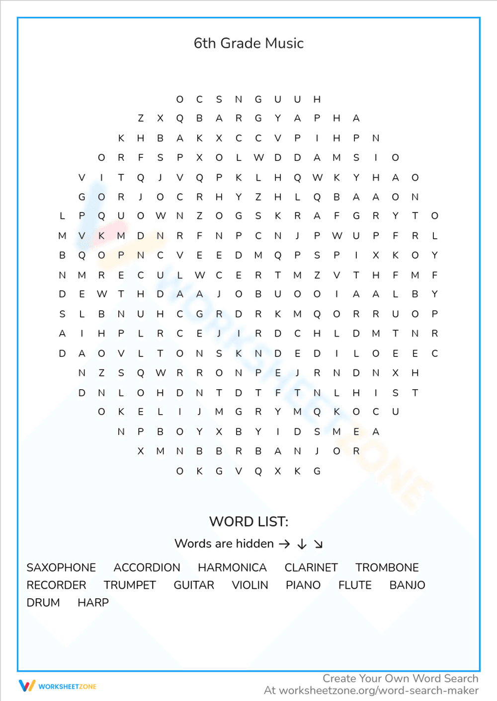 6th Grade Music: Musical Terms Worksheet - Page 1