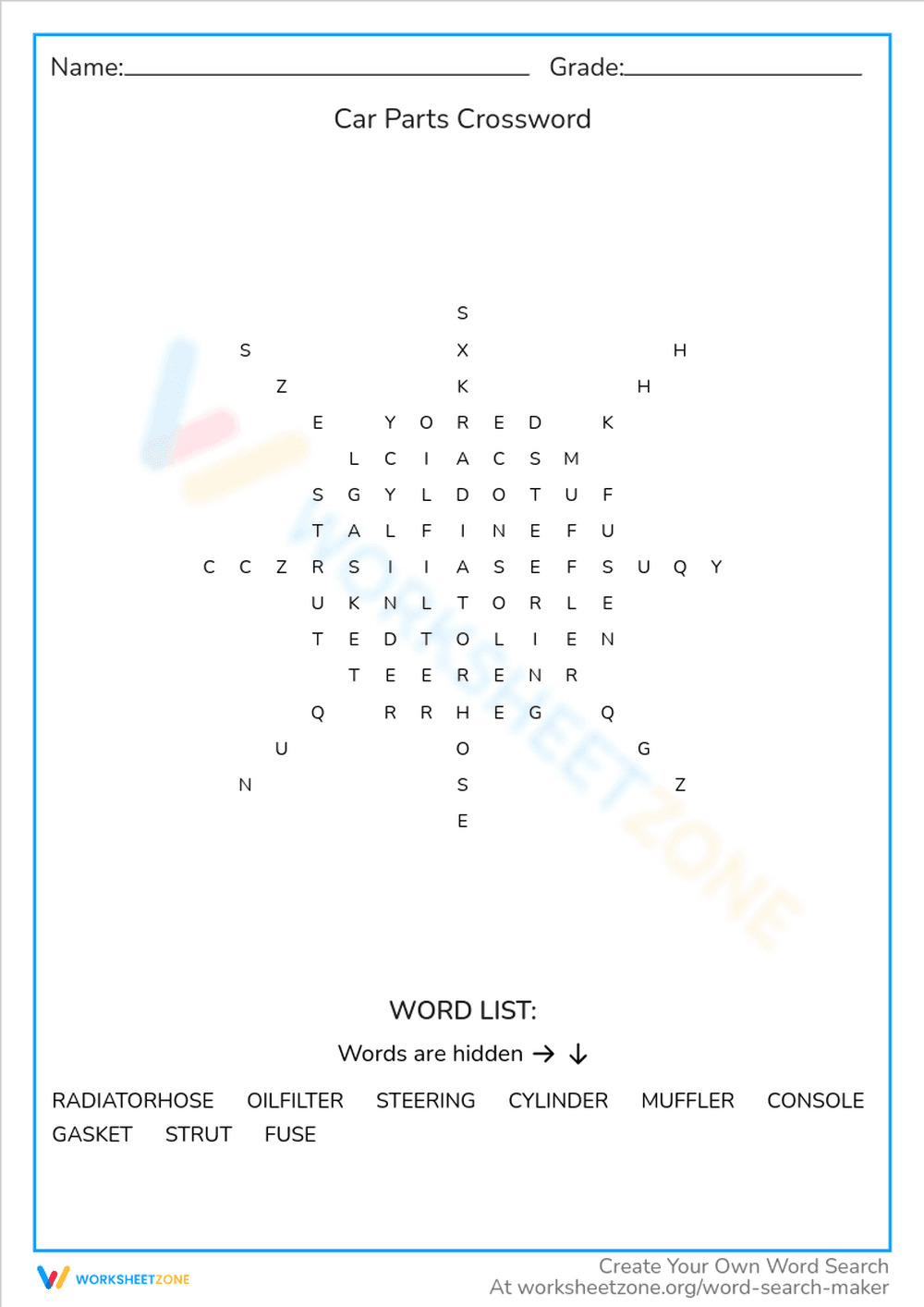 Car Parts Crossword: Automotive Learning - Page 1