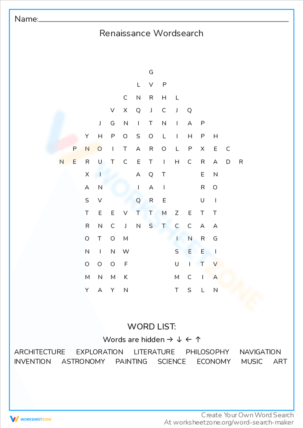 Renaissance Word Search Puzzle - Page 1