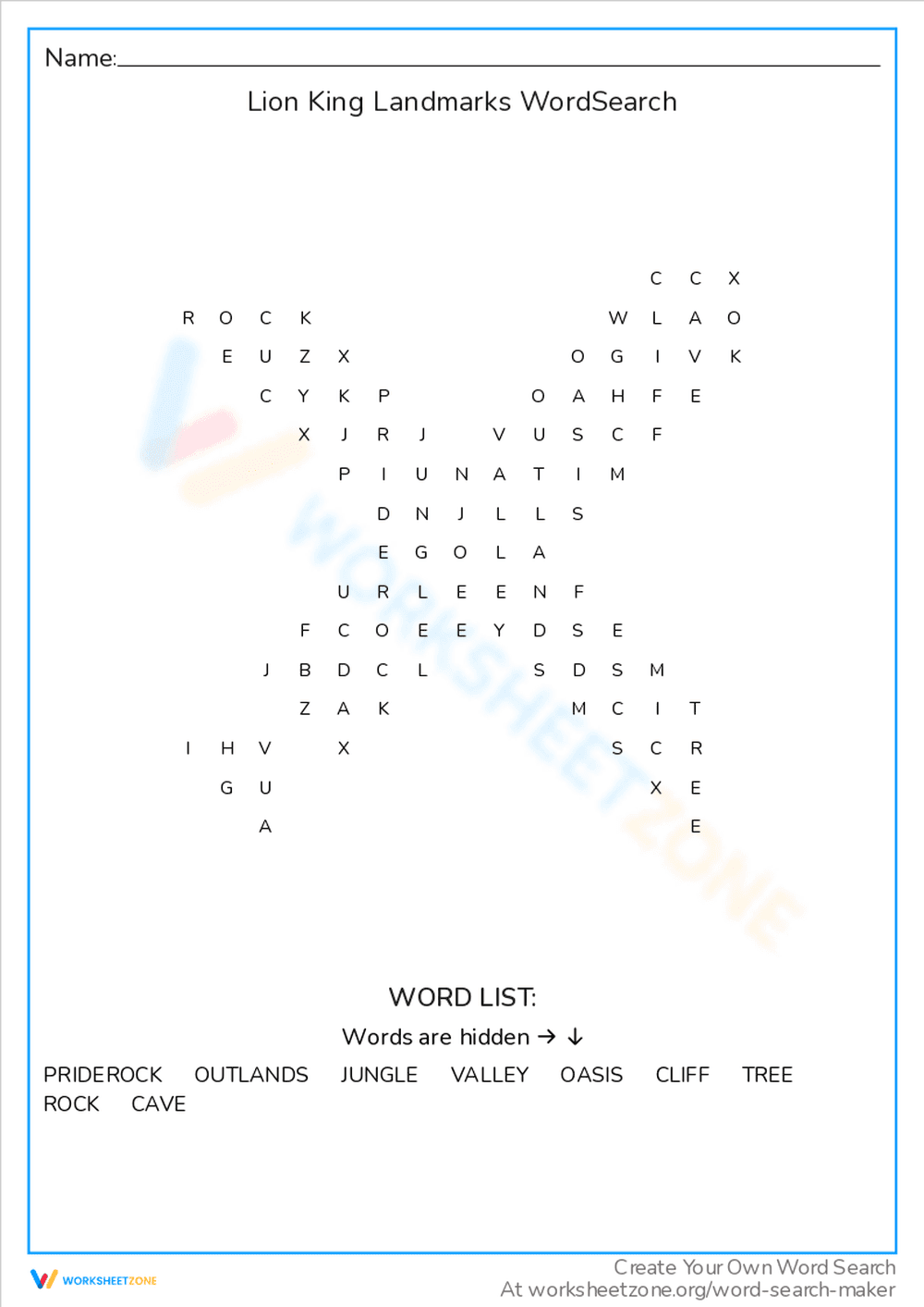 Lion King Landmarks Word Search Puzzle - Page 1