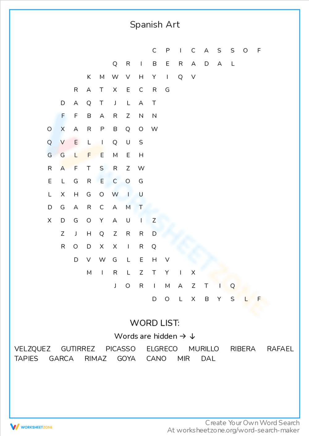 Spanish Art Vocabulary Word Search - Page 1