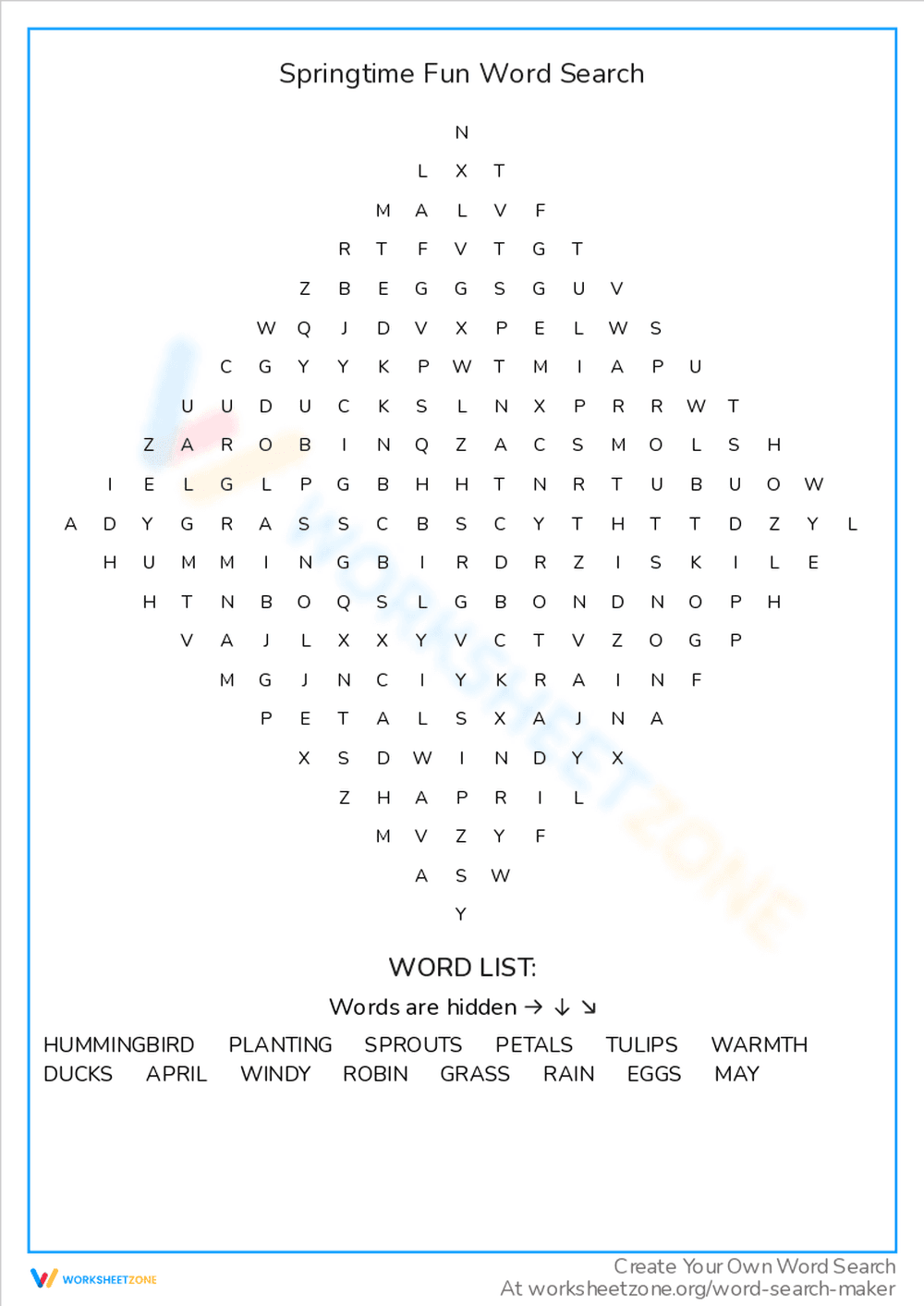 Springtime Fun Word Search Worksheet - Page 1