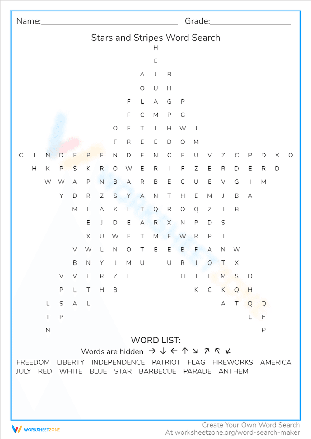 Independence Day Word-search: Star and Stripes - Page 1