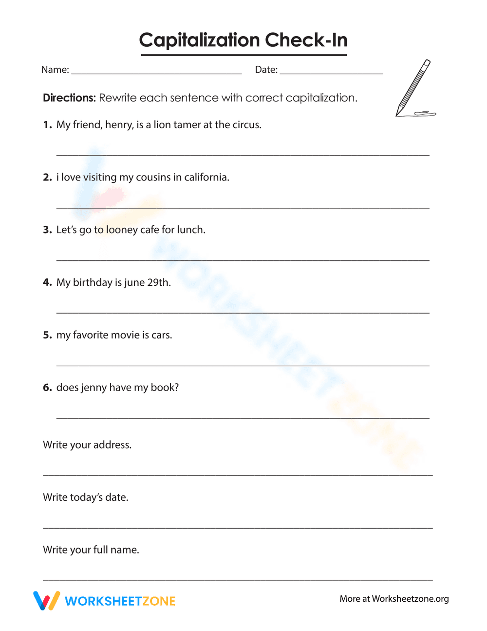 Capitalization Check-In Worksheet - Page 1