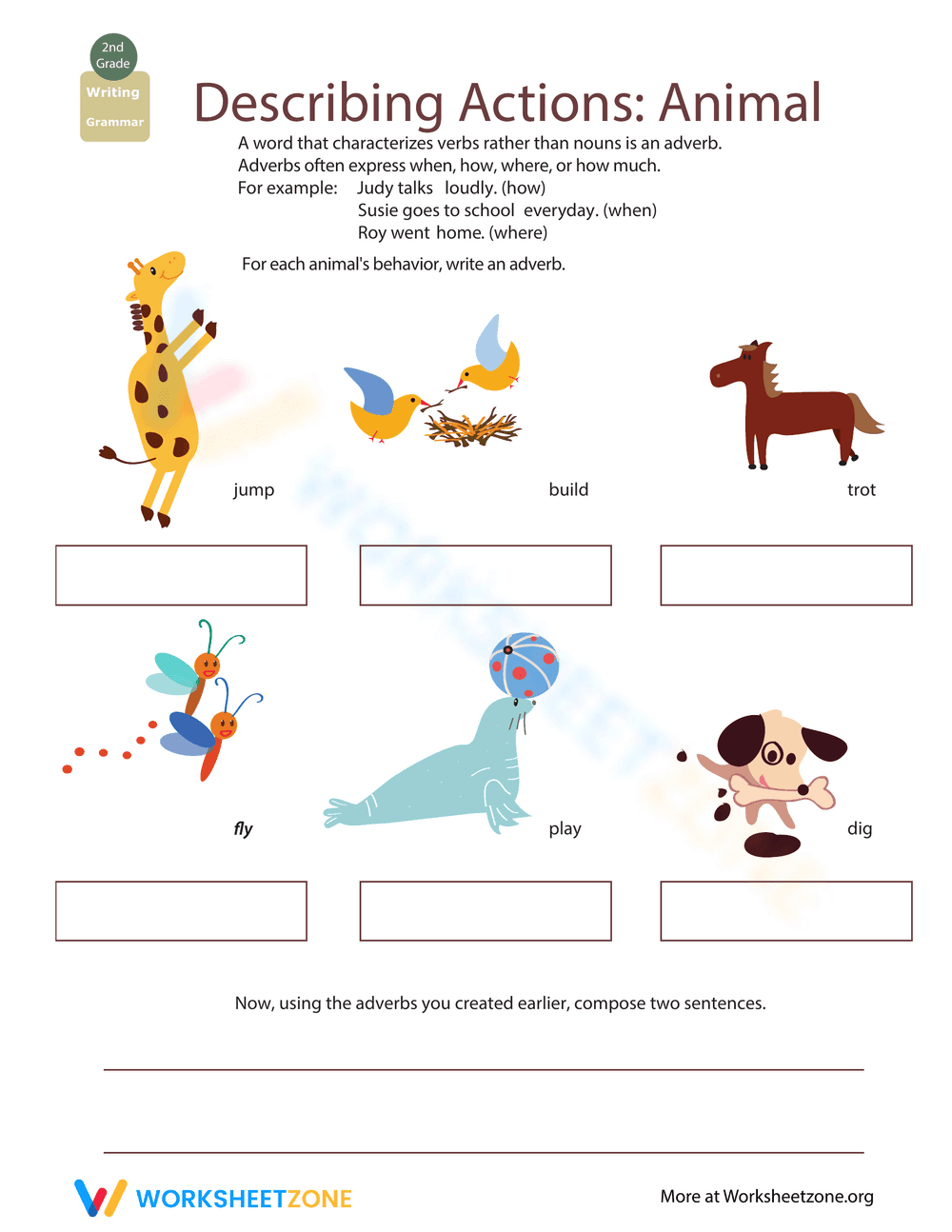 Adverbs: Animal Actions Worksheet - Page 1