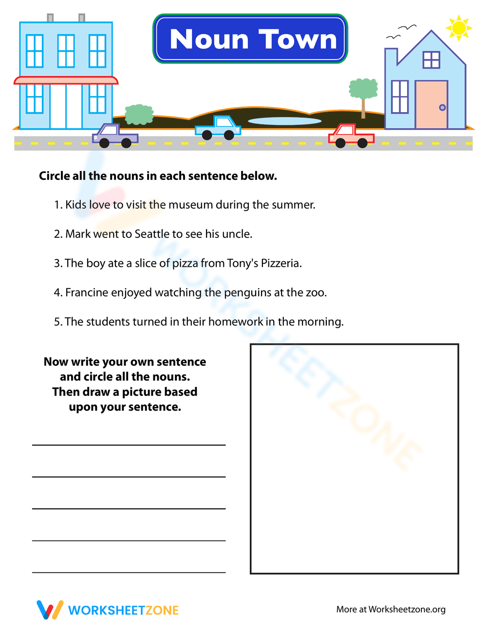 Noun Town 5 Worksheet: Noun Identification - Page 1